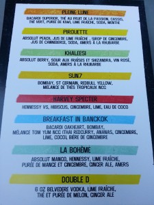 Menu cocktails